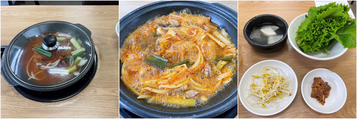 왼쪽사진부터- 돼지김치두루치기 셋팅사진-돼지김치두루치기 조리하는 사진-밑반찬사진