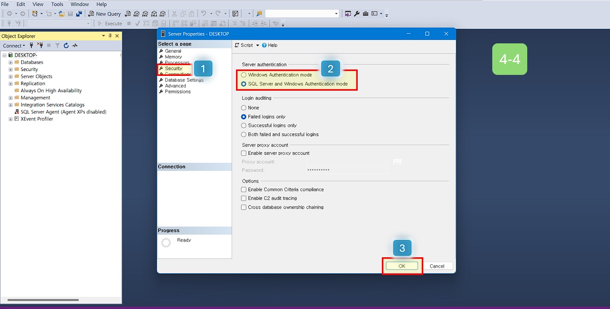 SQL Server and Window Authentication mode 선택 후 OK를 클릭해 주세요.