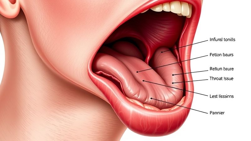 염증으로 부어오른 편도를 보여주는 목 통증 의학 삽화