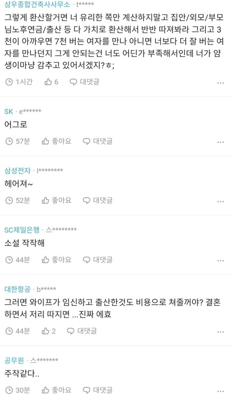 삼우종합건축사사무소-*****
그렇게 환산할거면 너 유리한 쪽만 계산하지말고 집안/외모/부모 님노후연금/출산 등 다 가치로 환산해서 반반 따져봐라 그리고 3 천이 아까우면 7천 버는 여자를 만나 아니면 너보다 더 잘 버는 여 자를 만나던지 그게 안되는건 너도 어딘가 부족해서인데 너가 얌 생이마냥 감추고 있어서겠지?ㅎ;
1시간
6
대댓글
어그로
57분
좋아요
대댓글
삼성전자********
헤어져~
52분
좋아요
대댓글
SC제일은행ㆍ스*
소설 작작해
44분
좋아요
대댓글
대한항공·
b*****
그러면 와이프가 임신하고 출산한것도 비용으로 쳐줄꺼야? 결혼 하면서 저리 따지면 ...진짜 에효
44분
2
대댓글
공무원스******
주작같다..
30분
좋아요
대댓글