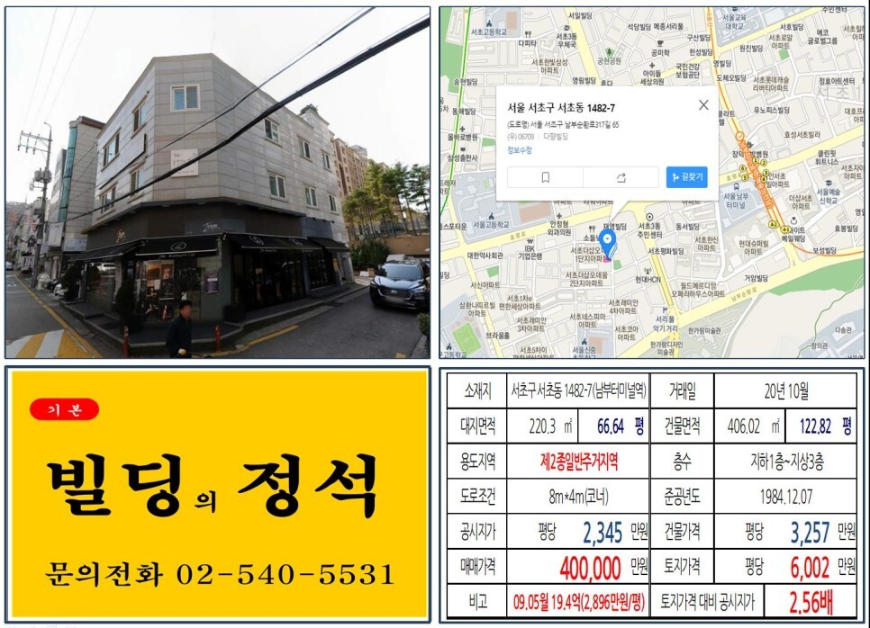  [서초구 악기거리 올근생 40억 꼬마빌딩 실거래가 조회] 서초동 1482-7 (남부터미널역) 40억 원, 평당 6,002만 원 매매되었습니다.