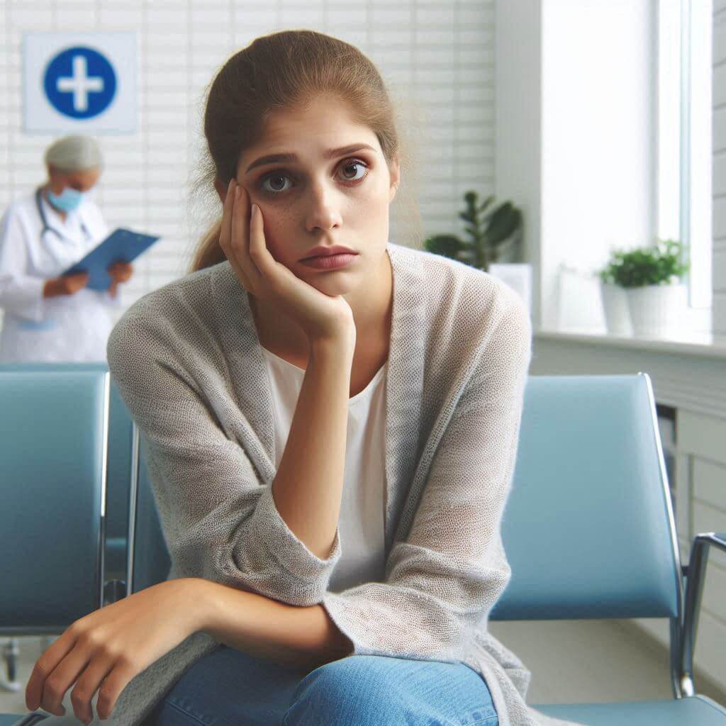 a woman with a troubled look sitting in the maternity waiting room
