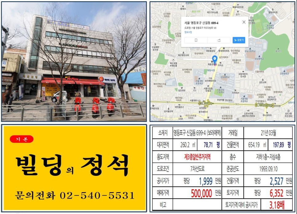  [영등포구 신길뉴타운 50억 올근생 꼬마빌딩 실거래가 조회] 신길동 699-4 (보라매역) 50억 원, 평당 6,352만 원 매매되었습니다. 미스터피자, 해군회관, 대방시장