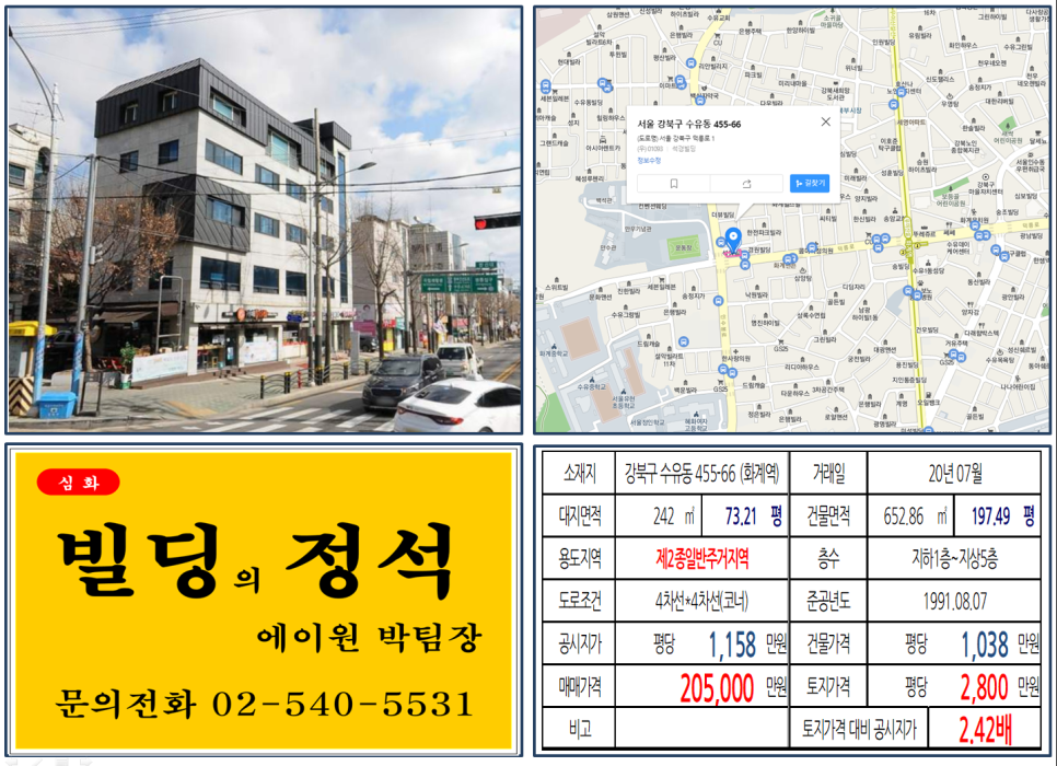  [강북구 한신대학교 사거리 횡단보도 앞 코너빌딩 실거래가 조회] 수유동 455-66 (화계역) 20.5억 원, 평당 2,800만 원, 우이신설선