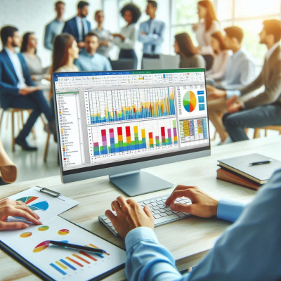 사무실 책상 위의 컴퓨터 화면에 엑셀 차트 표시