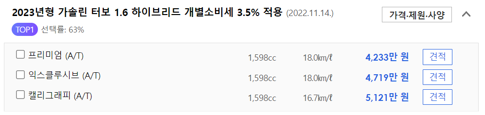 그랜저 하이브리드 신차 가격표