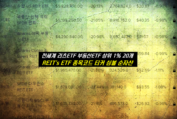 전세계 리츠ETF 부동산ETF 상위 1% 20개 종목코드 순위목록(REIT&#39;s 티커 심볼 순자산 주식수 거래량 수익률 포함)