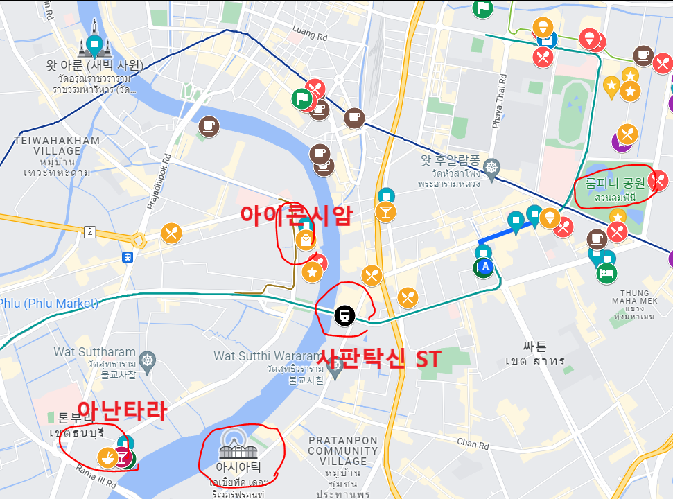 아난타라 리버사이드의 위치가 표시된 구글맵 캡쳐본. 아난타라&#44; 아이콘시암&#44; 사판탁신 역에 빨간 동그라미가 쳐져 있다.