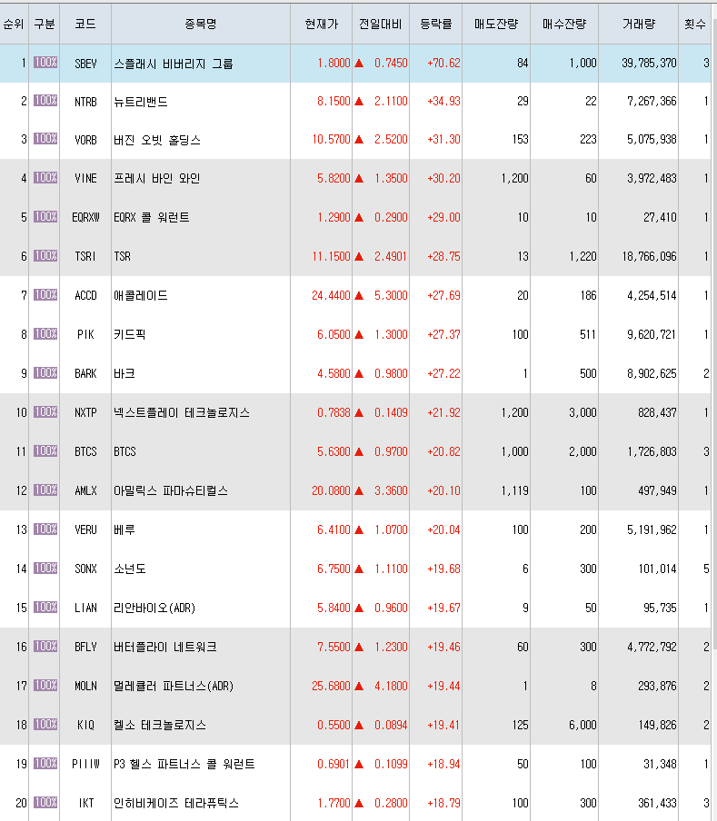  1월11일 미국주식 상승률 상위 종목 TOP 300