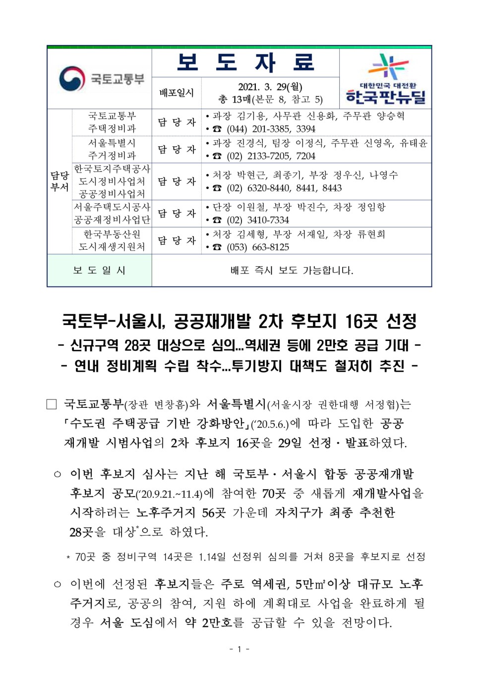  상계·천호 등 서울 2만 가구 공공재개발 16곳 선정 (국토교통부)