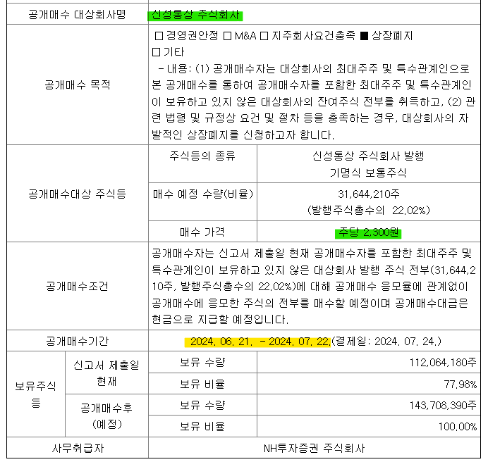 신성통상-공개매수-자진상폐