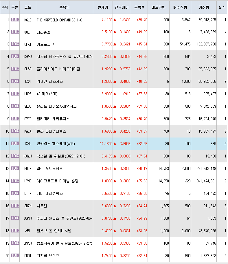  3월11일 미국주식 상승률 상위 종목 TOP 300