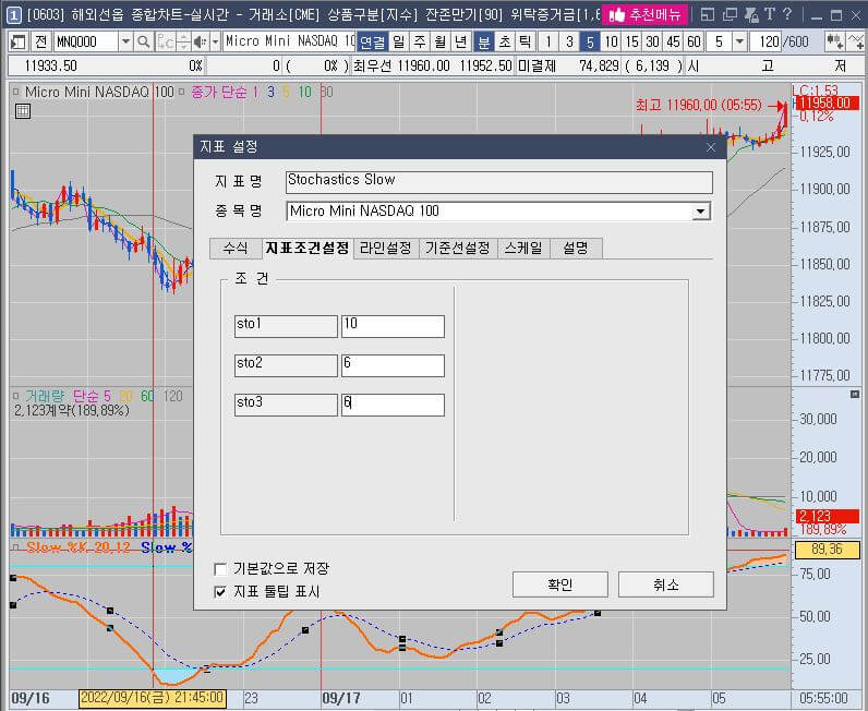 해외선물 스토캐스틱 슬로우 10-6-6 지표 설정