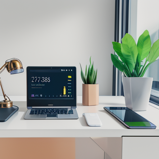 Smartphone with AI savings app, laptop with financial dashboard, and piggy bank on a minimalist desk in a modern home office.&quot;