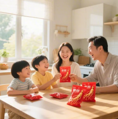 어린이용과 성인용 홍삼 파우치가 놓인 부억 식탁에 모여 앉아 함께 웃으며 홍삼을 나눠 마시는 가족의 모습