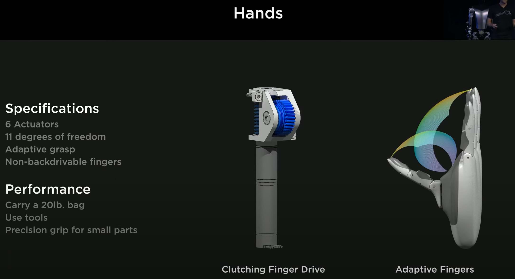 Tesla Robot Optimus 버전 1은 ,  약 9kg 품목 운반 & #44;  도구 사용 ,  작은 부품을 집기에 충분할 정도로 정확합니다.