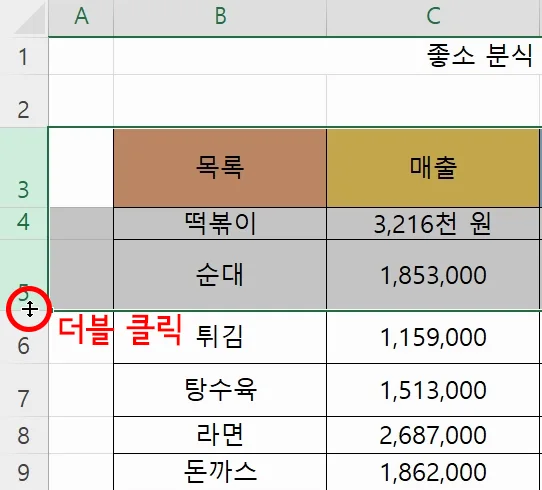 엑셀에서 선택한 행을 더블 클릭한 모습