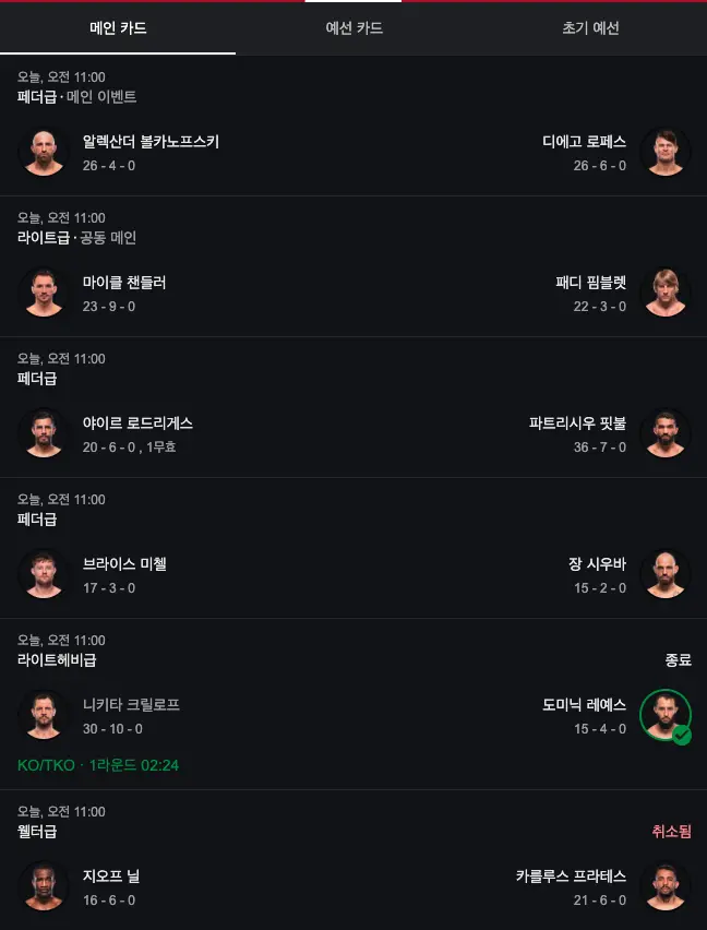 UFC 314 주요 대진표