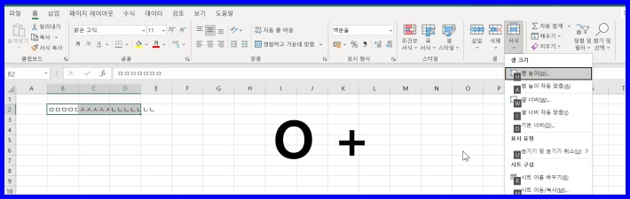 엑셀 셀 크기 조절 단축키 화면.