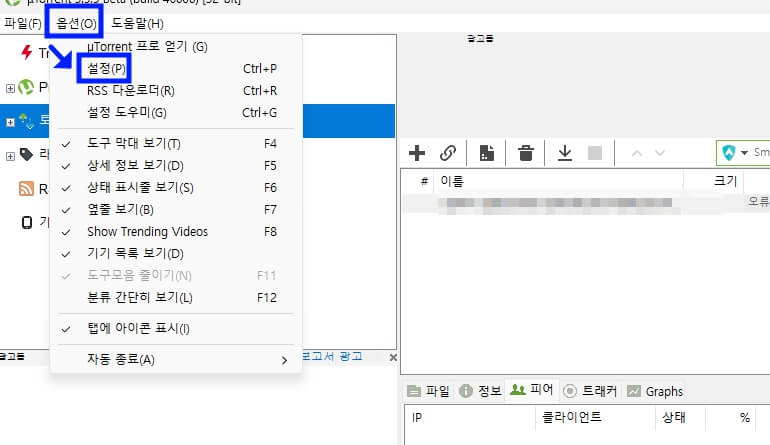 토렌트 메뉴 옵션 화면
