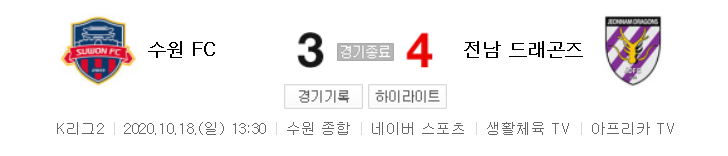  K리그2 / 국내축구 - 수원 FC VS 전남 (3 - 4) 2020시즌 24라운드 하이라이트 (2020년 10월 18일)
