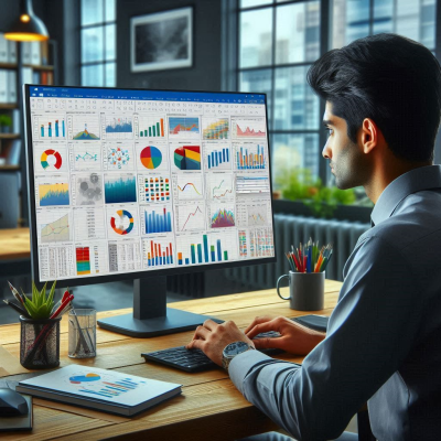 데이터와 차트를 분석하며 작업하는 사무실의 모습입니다.