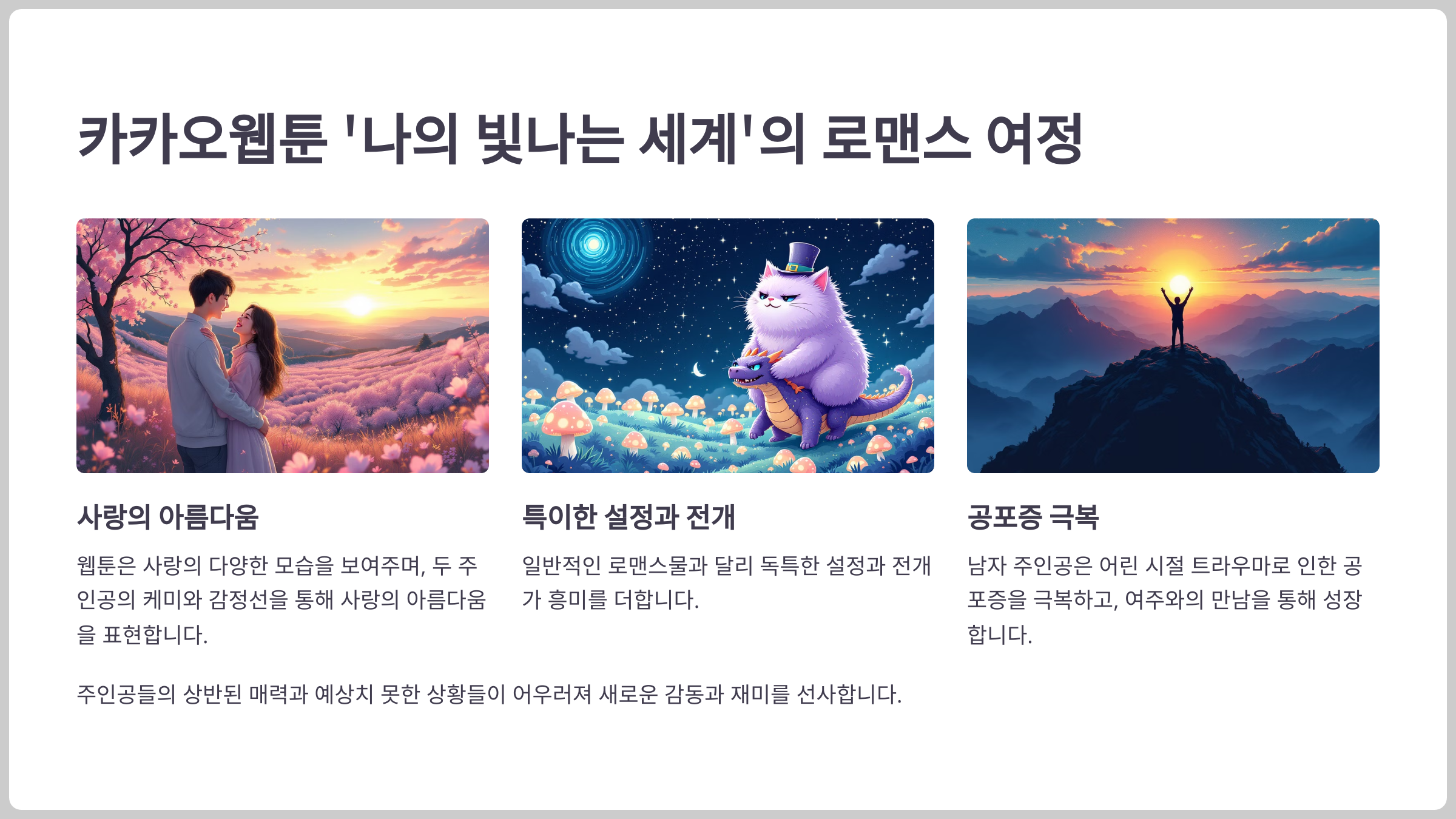 카카오웹툰 '나의 빛나는 세계'의 매력적인 여주와의 로맨스 이야기