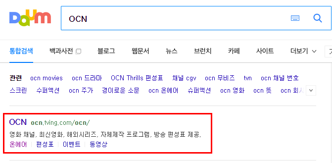 OCN 다음 검색 결과화면