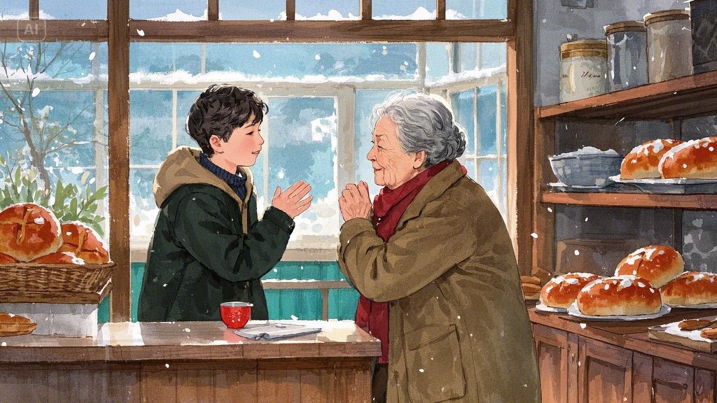 _A touching scene of a snowy winter morning. An elderly grandmother tearfully reunites with her gran... (3).jpeg