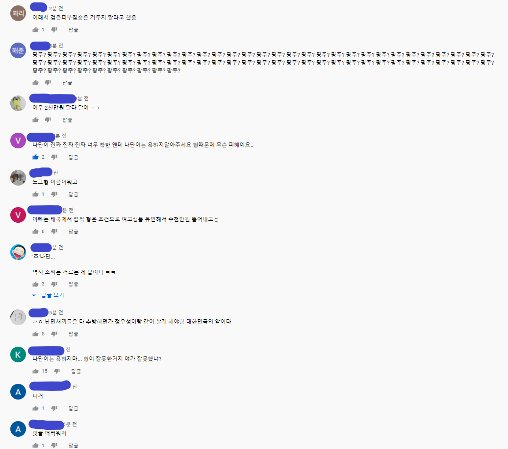  아니나 다를까 벌써 조나단 유튜브에 달린 댓글