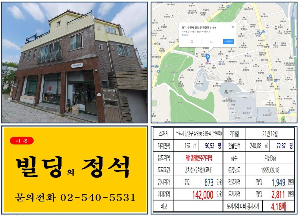  [수원시 팔달구 수원화성 행리단길 10억 꼬마빌딩 실거래가 조회] 장안동 319-4 (수원역) 14억 2,000만 원, 평당 2,811만 원 매매되었습니다.