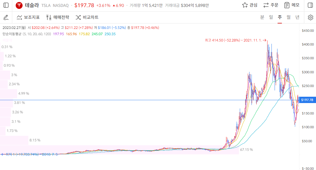 테슬라 주가-주봉