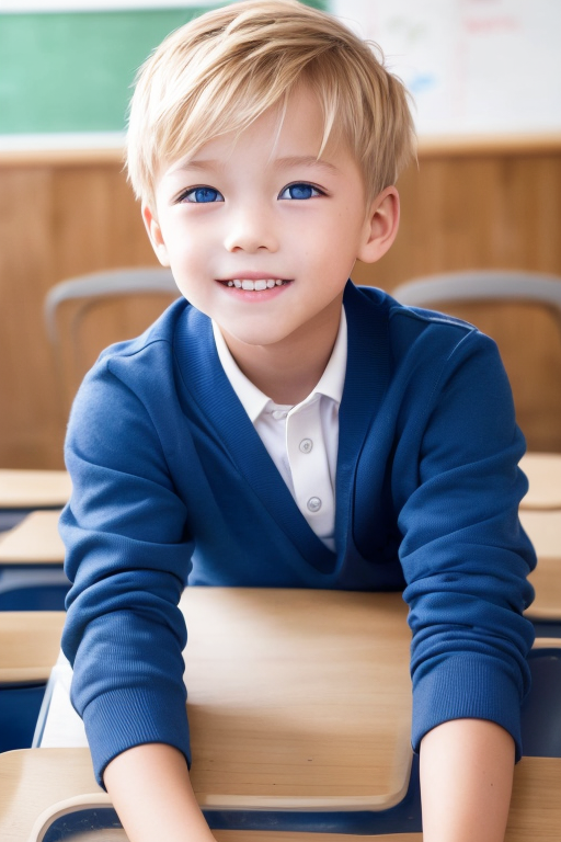  [Boy-142] Free live-action image of a handsome boy with blond hair and blue eyes against the backdrop of the classroom, young people and children with blonde blue eyes