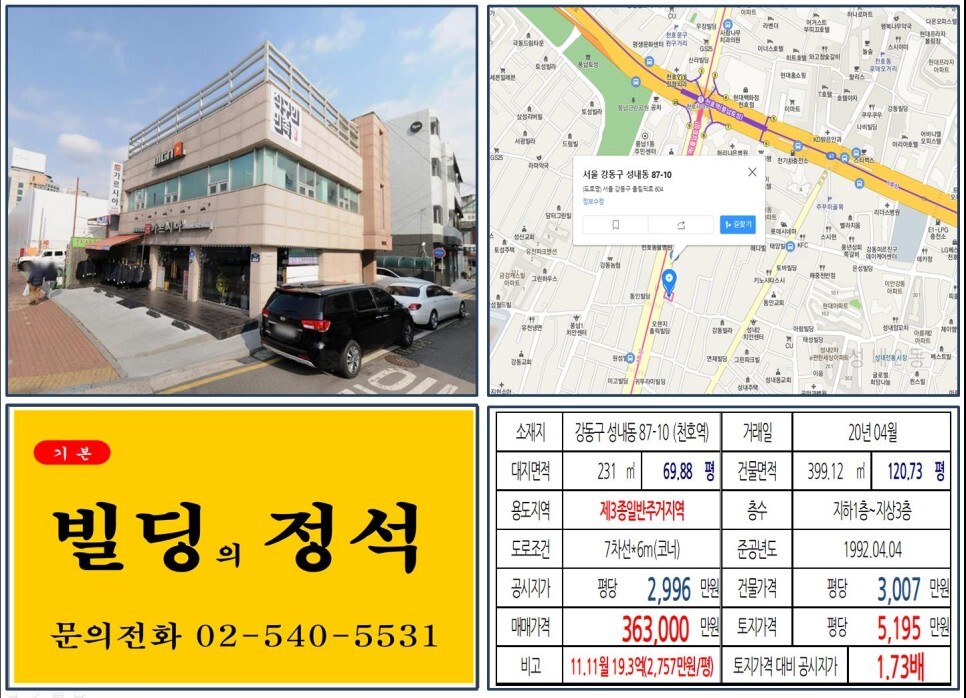  [강동구 천호뉴타운 30억 올ㄹ근생 꼬마빌딩 실거래가 조회] 성내동 87-10 (천호역) 36.3억 원, 평당 5,195만 원 매매되었습니다. 역세권 청년주택, 오피스텔 신축부지
