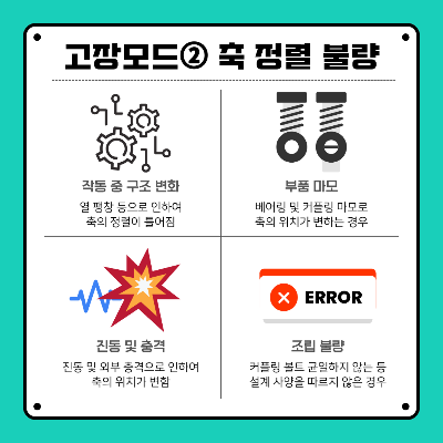 축-정렬-불량의-원인에-대해-알아보겠습니다.
작동-중-구조-변화입니다.-열-팽창으로-인하여-축의-정렬이-틀어지게-됩니다.
부품의-마모입니다.-베어링-및-커플링-마모로-축의-위치가-변하는-경우에-발생합니다.
진동-및-충격입니다.-진동-및-외부의-충격으로-인하여-축의-위치가-변하게-됩니다.
조립-불량입니다.-커플링-볼트가-균일하지-않는-등-설계-사양을-따르지-않은-경우-발생합니다.