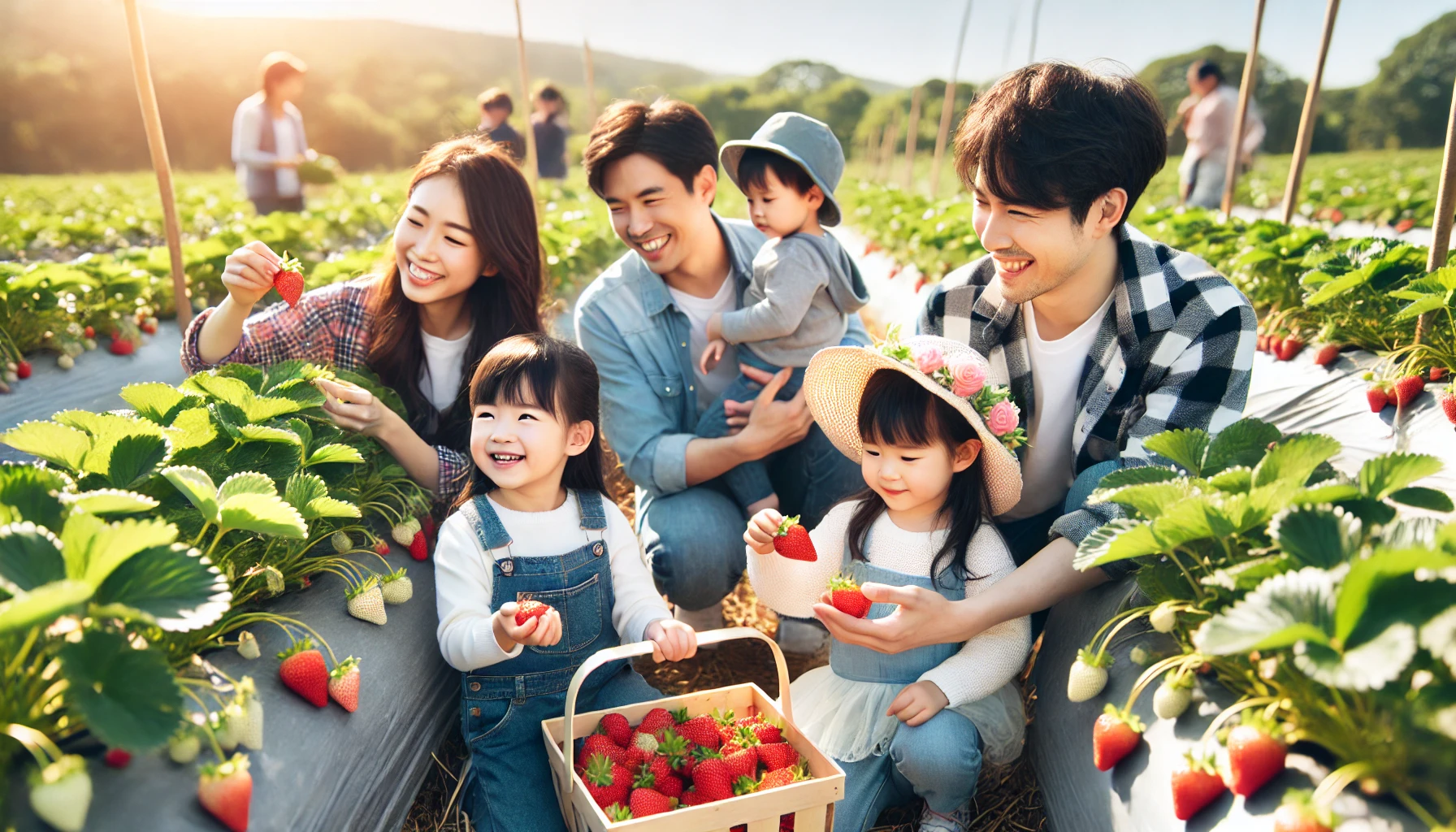 어른과 아이들이 딸기수확체험 을 즐기며 딸기를 바구니에 담는모습