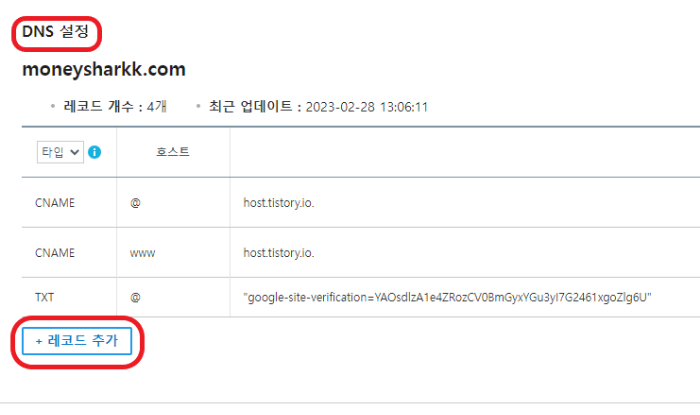 DNS 설정 레코드 추가