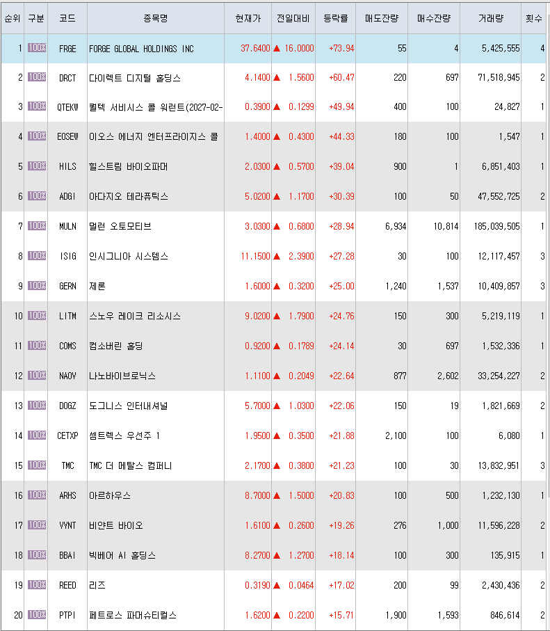  3월30일 미국주식 상승률 상위 종목 TOP 300