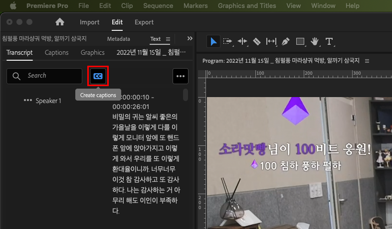 자동으로 받아쓰기된 텍스트를 실제 자막 트랙으로 만들기