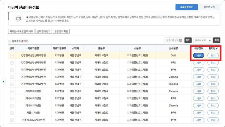 비급여 진료비용 정보 상세 검색 결과