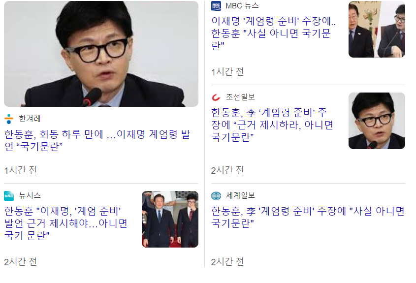 한동훈 이재명 계엄령 관련 공방 구글 뉴스 검색 이미지