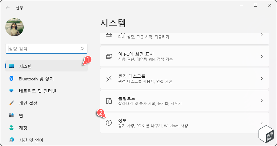 Windows 11 설정 앱 > 시스템 > 정보