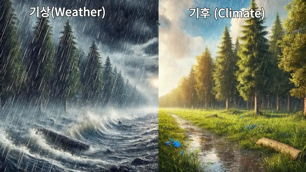 쪽은 폭우 속 나무들이 흔들리는 &amp;#39;기상&amp;#39;&amp;#44; 오른쪽은 가볍게 내리는 비로 고요한 숲의 &amp;#39;기후&amp;#39;를 표현한 이미지.