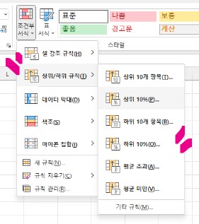 엑셀(Excel) 조건부서식 - 상위/하위 규칙 - 하위 10%