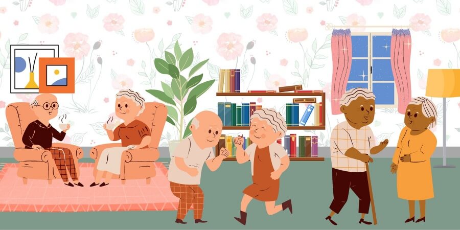 요양원에서 즐거운 시간을 보내는 노인들의 모습