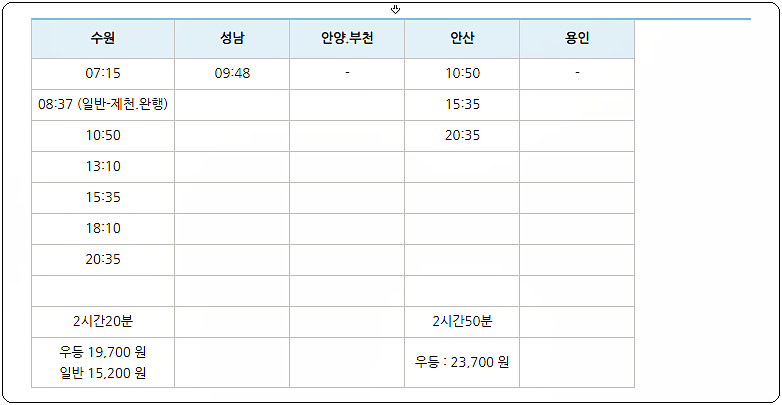 영월 시외버스터미널 시간표 및 요금 2