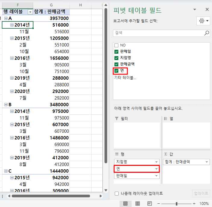 날짜인 경우 피벗 테이블 필드에 연 추가