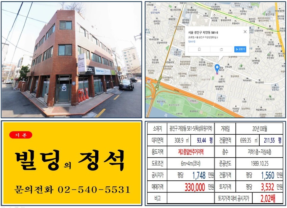  [광진구 기사식당거리 30억 꼬마빌딩 실거래가 조회] 자양동 581-5 (뚝섬유원지역) 33억 원, 평당 3,532만 원 매매되었습니다. 구의자