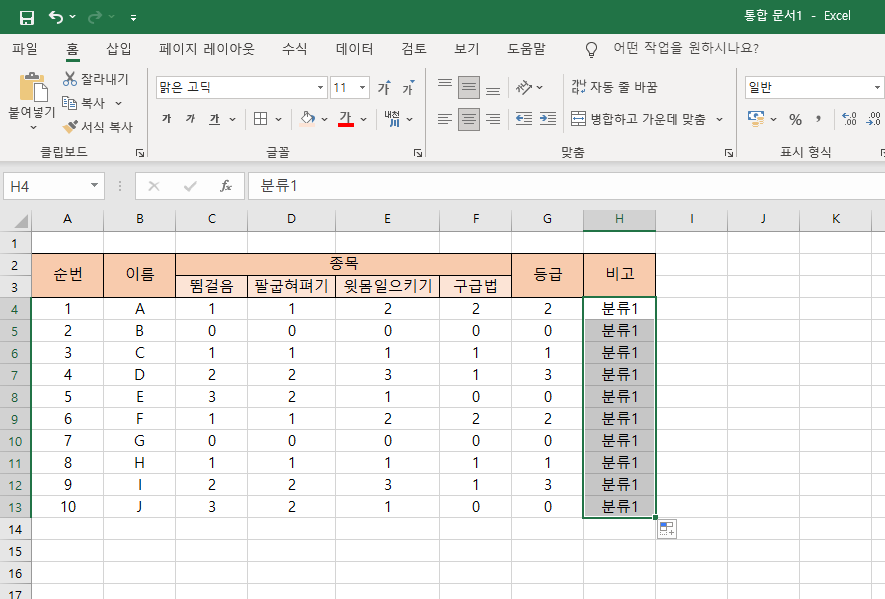 비고, 분류1이 복사로 입력된 엑셀 사진