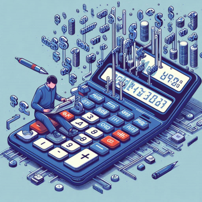 다양한 데이터와 작은 사람이 있는 커다란 계산기